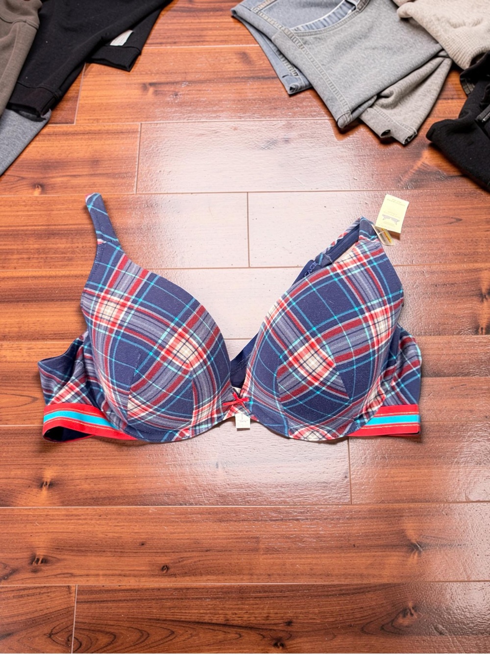 Plaid Padded Bra with Red Trim and Navy Base